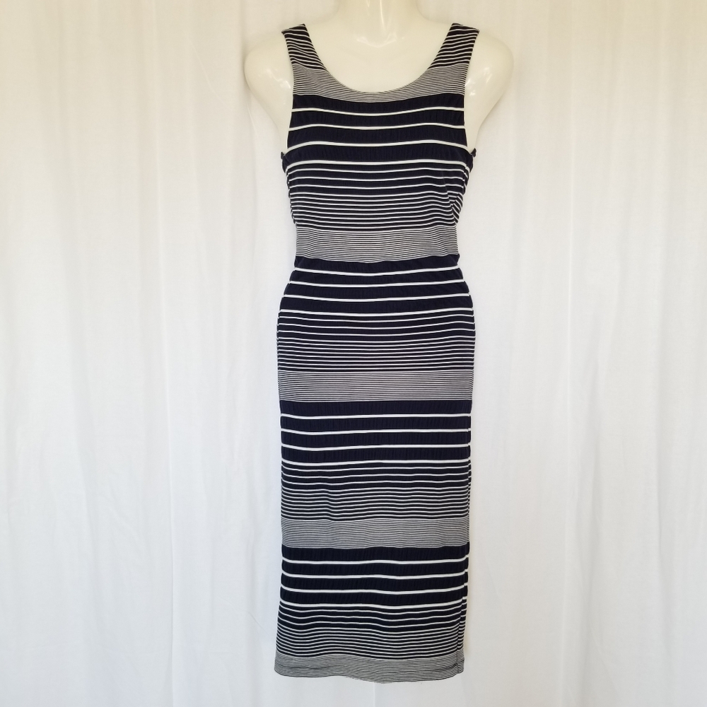Anthropologie Maeve Edisto Dress Striped Tank Midi Navy White Bodycon Column XS